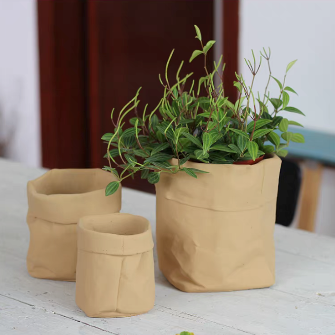 Paper Bag Ceramic Pot & Saucer Set
